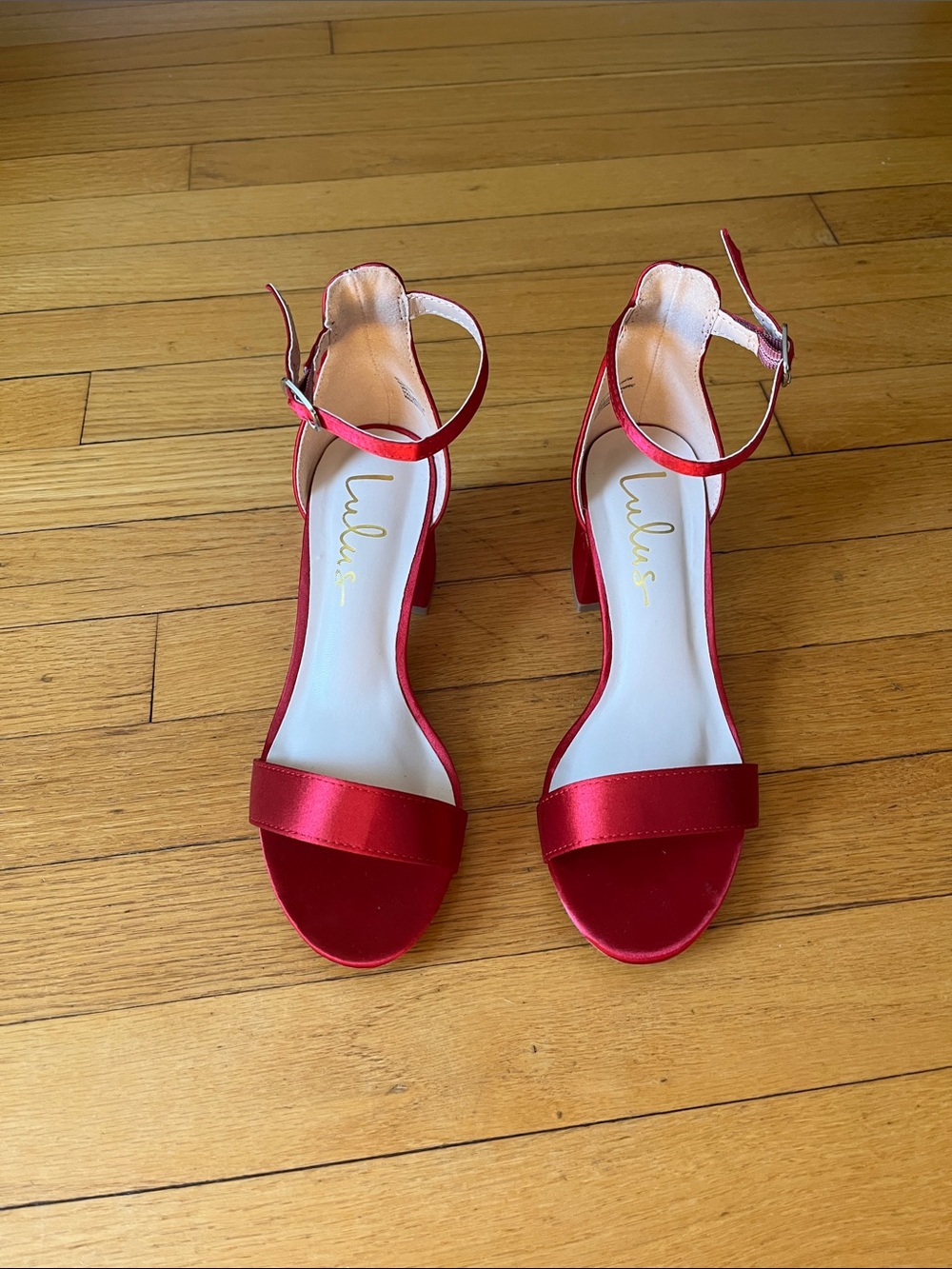 Lulu's Red Satin Ankle-Strap Block Heels with Open Toe